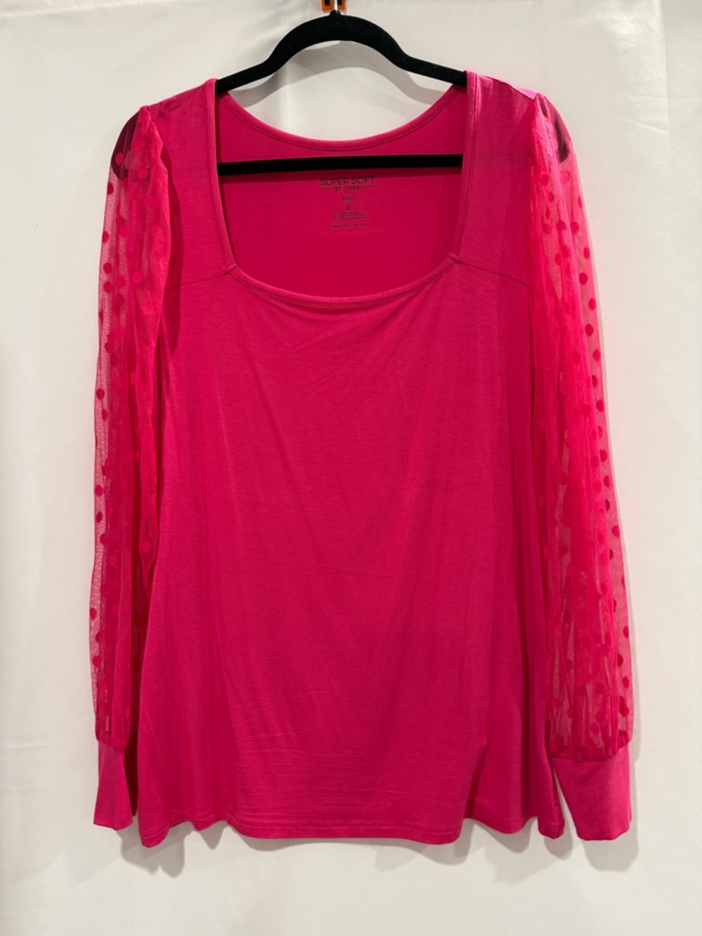 torrid Fuchsia Scoop Neck Long-Sleeve Top with Sheer Polka Dot Sleeves